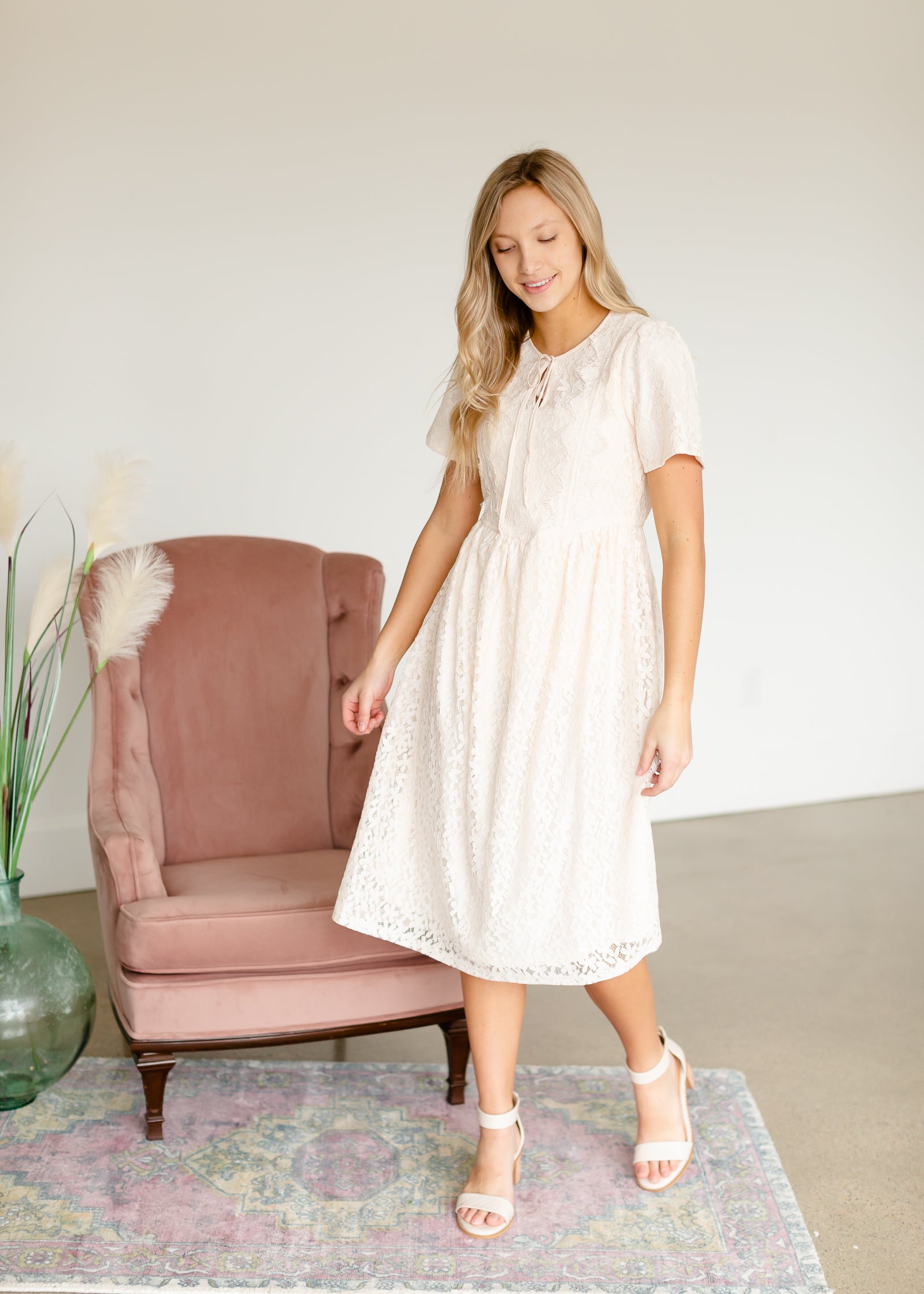 Cream Lace Detail Midi Dress - FINAL SALE Dresses