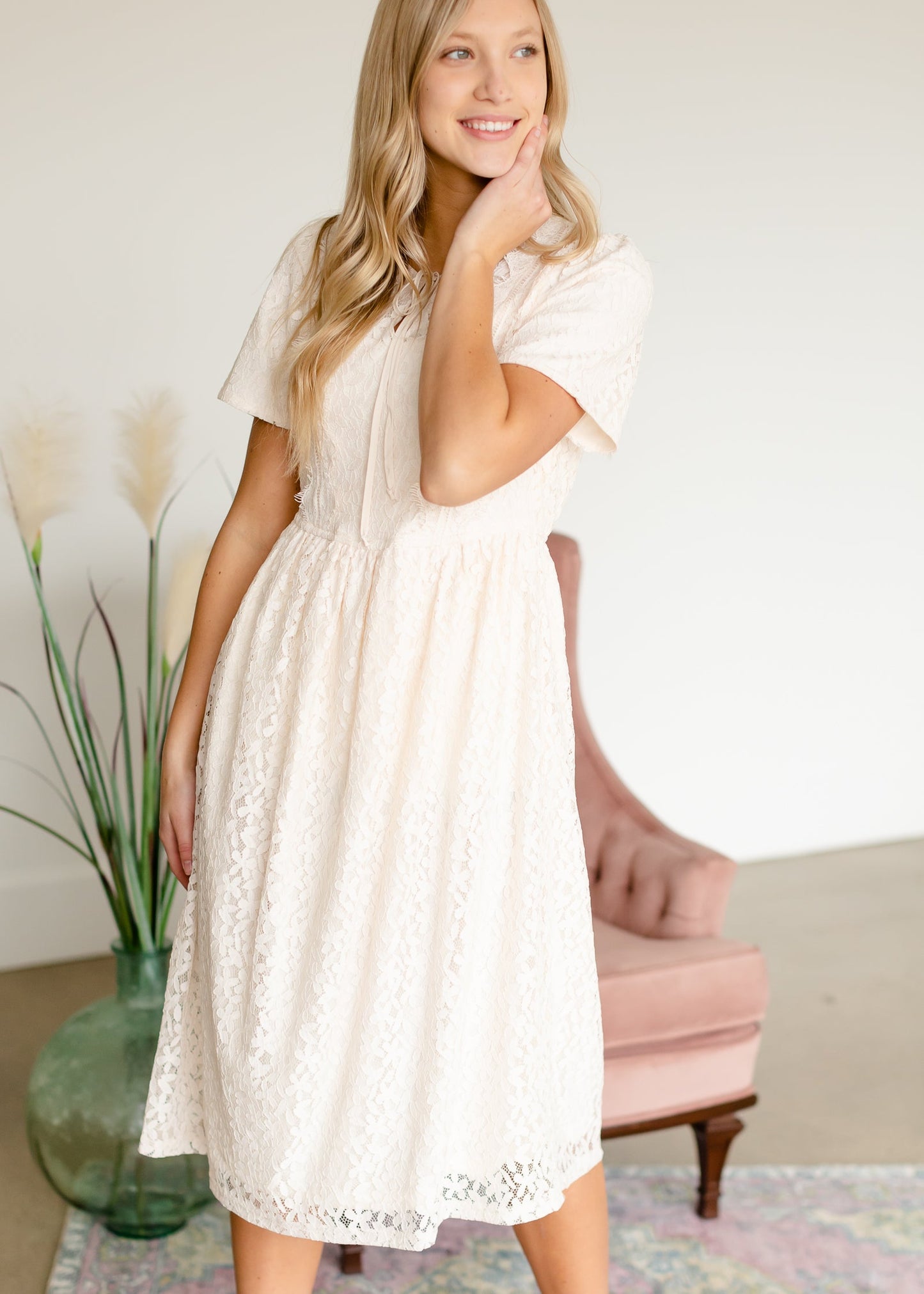 Cream Lace Detail Midi Dress - FINAL SALE Dresses