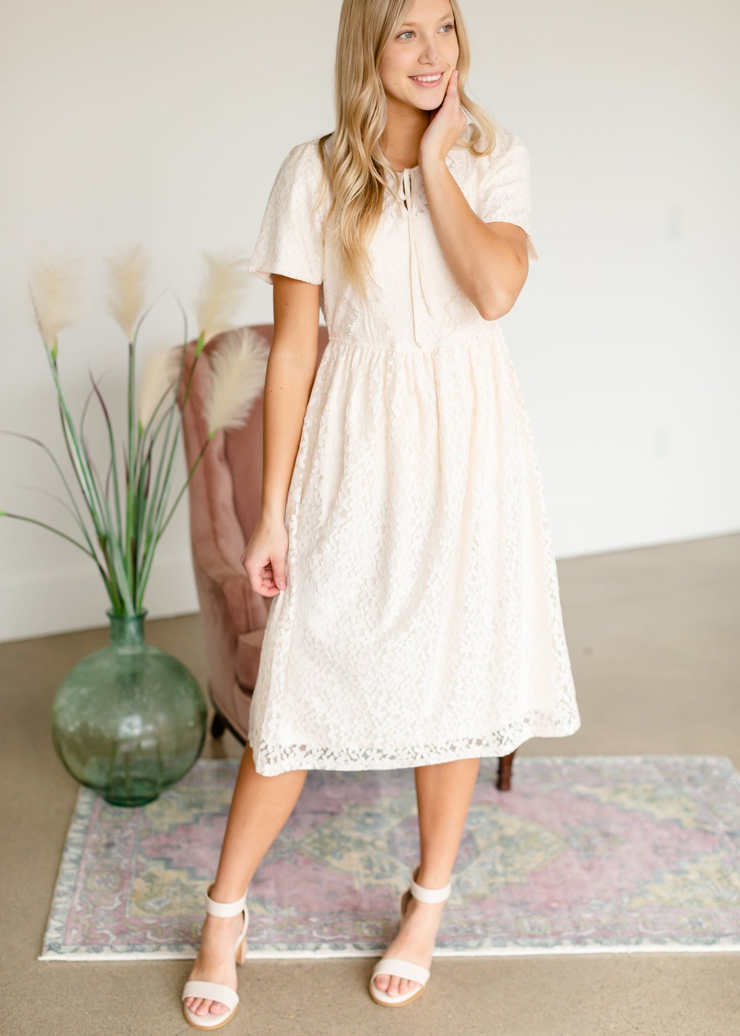 Cream Lace Detail Midi Dress - FINAL SALE Dresses