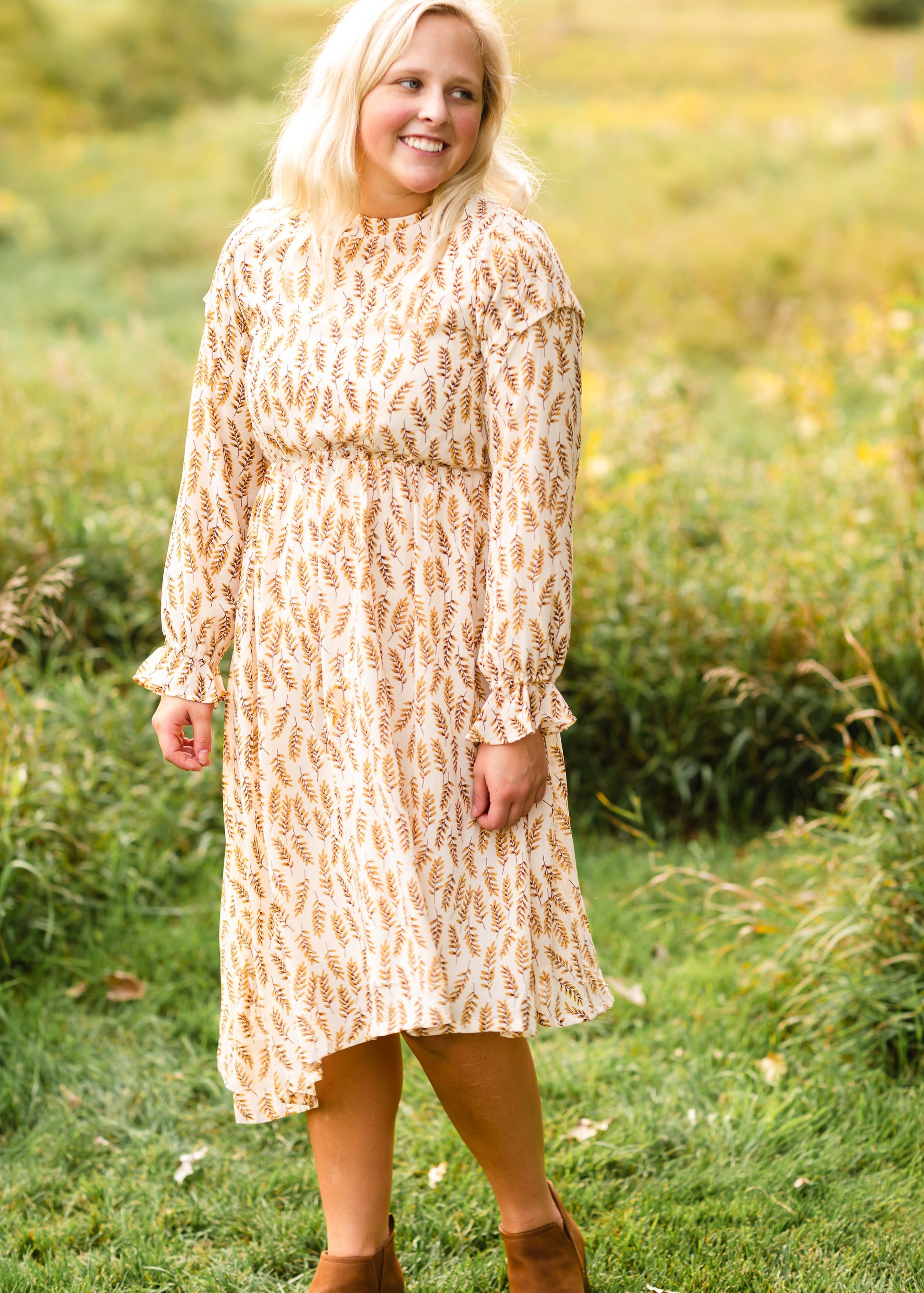 Cream Leaf Printed Midi Dress - FINAL SALE Dresses