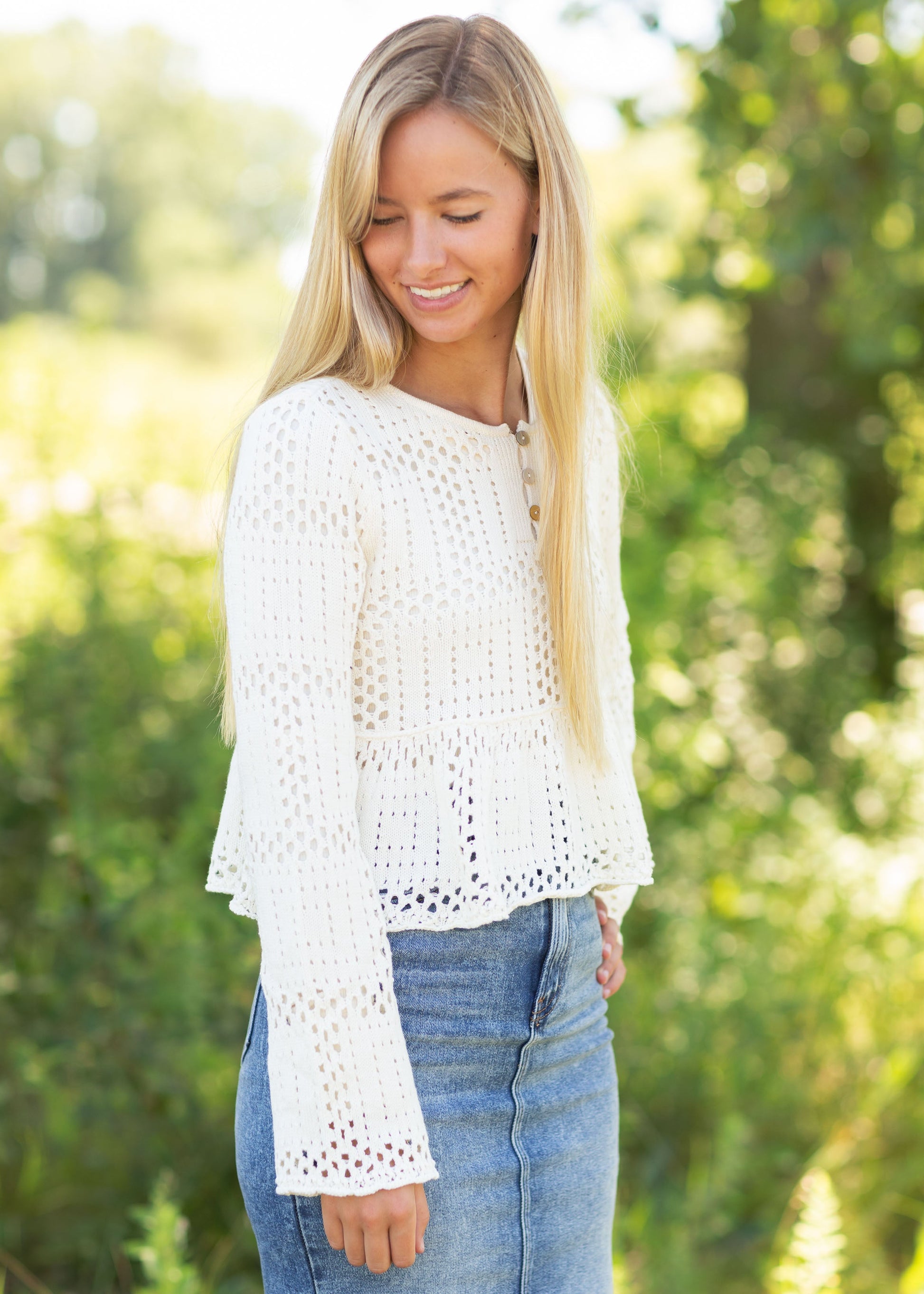 Cream Peplum Long Sleeve Sweater Tops