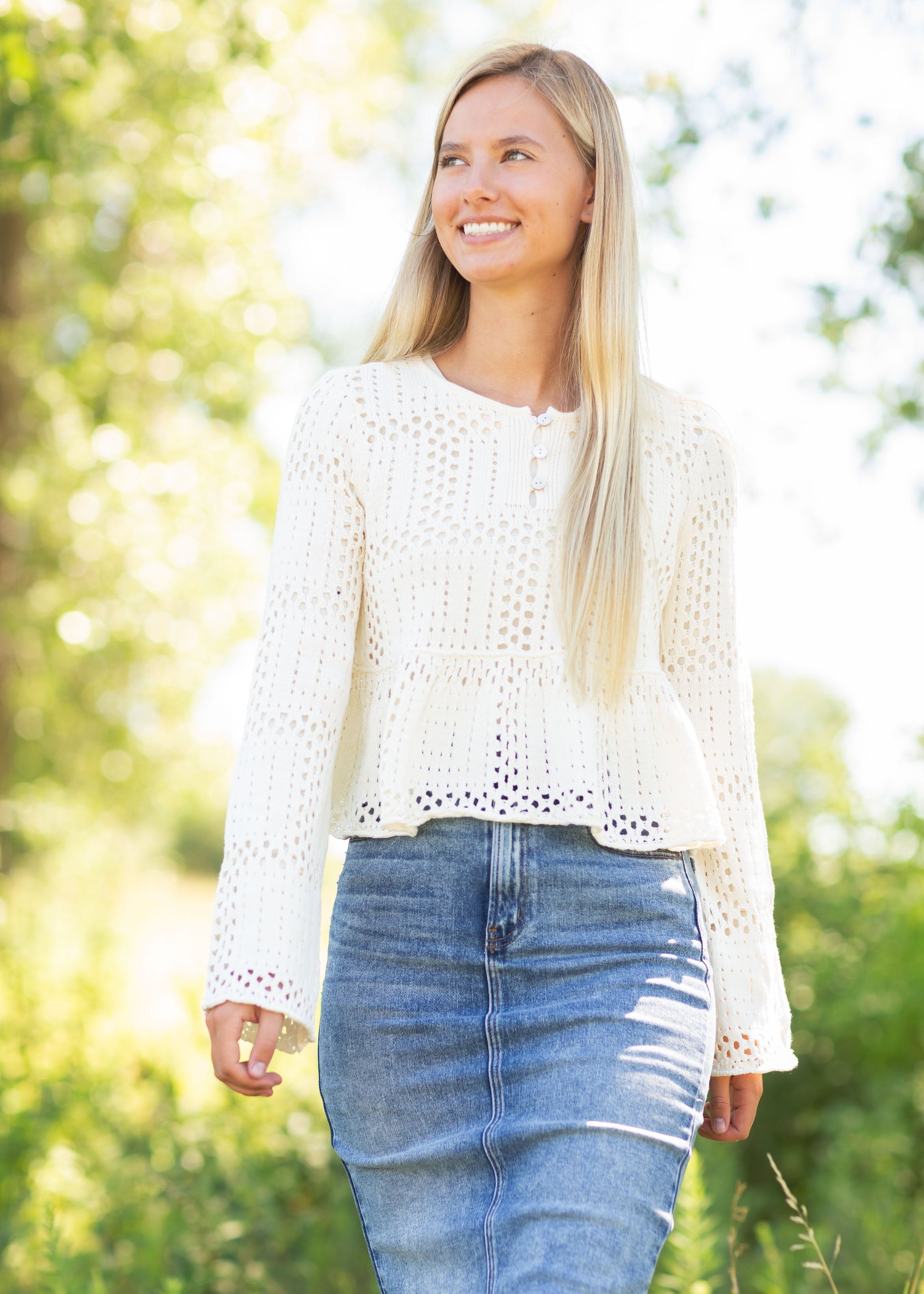 Cream Peplum Long Sleeve Sweater Tops