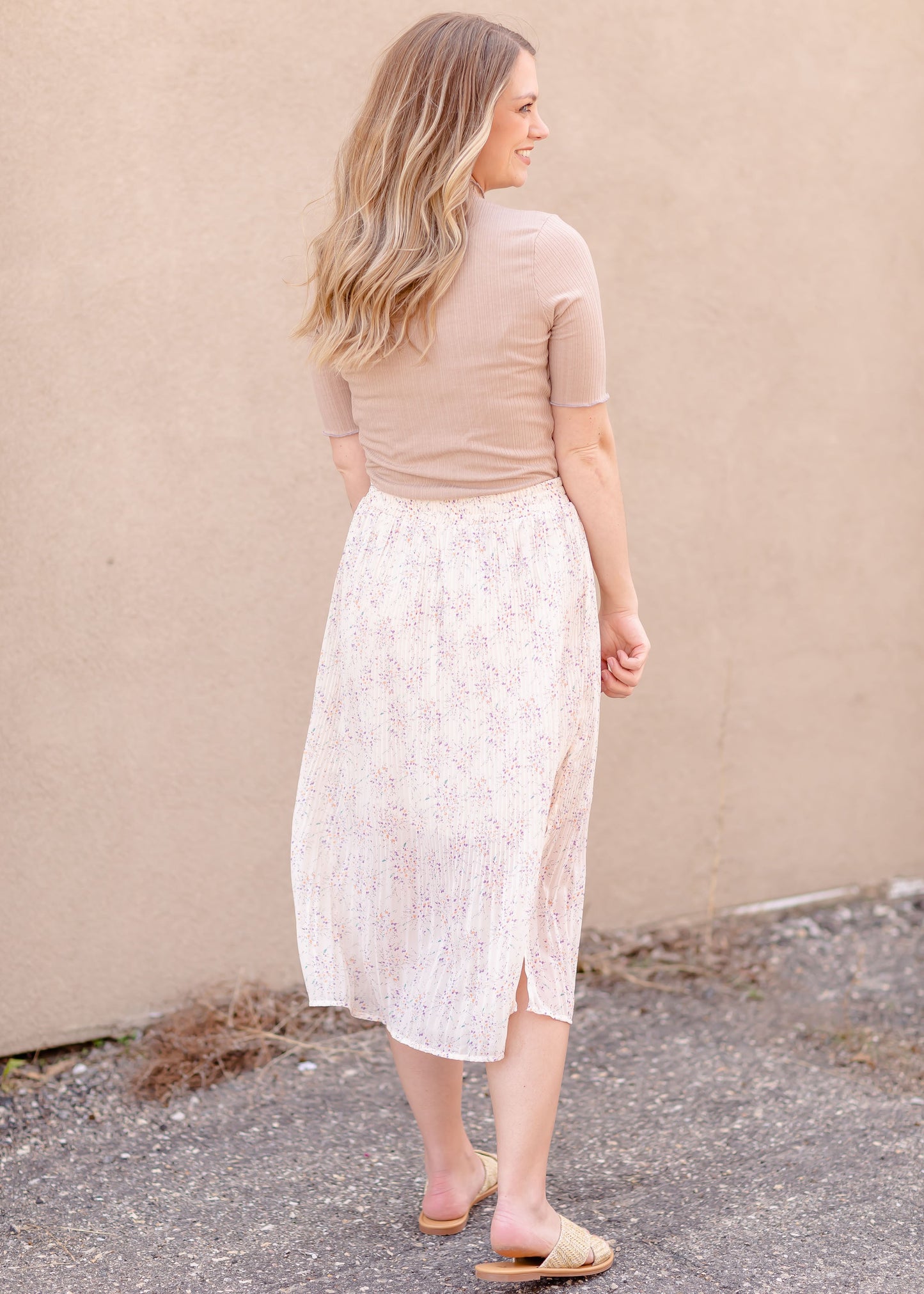 Cream Pleated Midi Skirt Skirts