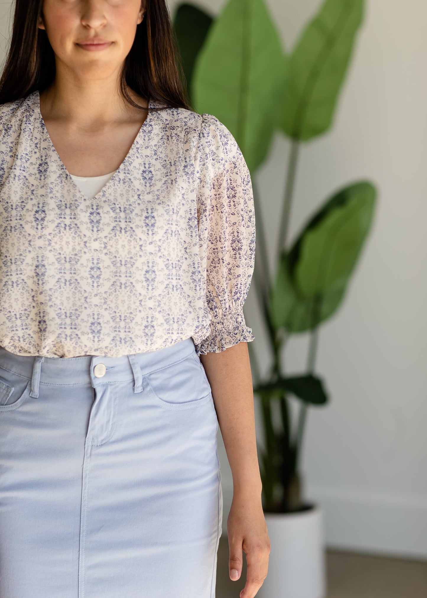 Cream Smocked Printed Blouse - FINAL SALE Tops