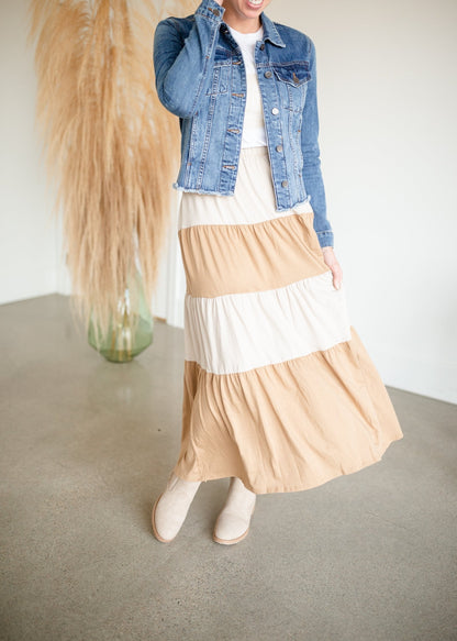 Cream + Tan Color Block Maxi Skirt Skirts Tres Bien