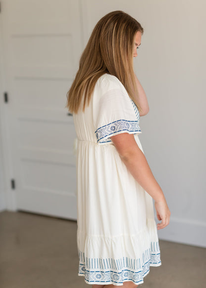 Cream V-Neck Embroidered Dress - FINAL SALE Dresses