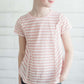 navy and white or pink and white striped girls short sleeve tee with raw edge front.