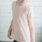 navy and white or pink and white striped girls short sleeve tee with raw edge front.