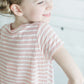navy and white or pink and white striped girls short sleeve tee with raw edge front.