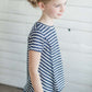 navy and white or pink and white striped girls short sleeve tee with raw edge front.