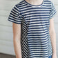 navy and white or pink and white striped girls short sleeve tee with raw edge front.