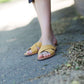 1/2 inch heel criss cross strap sandal in rust, navy, mauve or mustard color.