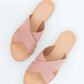 1/2 inch heel criss cross strap sandal in rust, navy, mauve or mustard color.