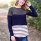 olive, navy and striped block long sleeve top with a back embroidered detail.
