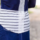 olive, navy and striped block long sleeve top with a back embroidered detail.