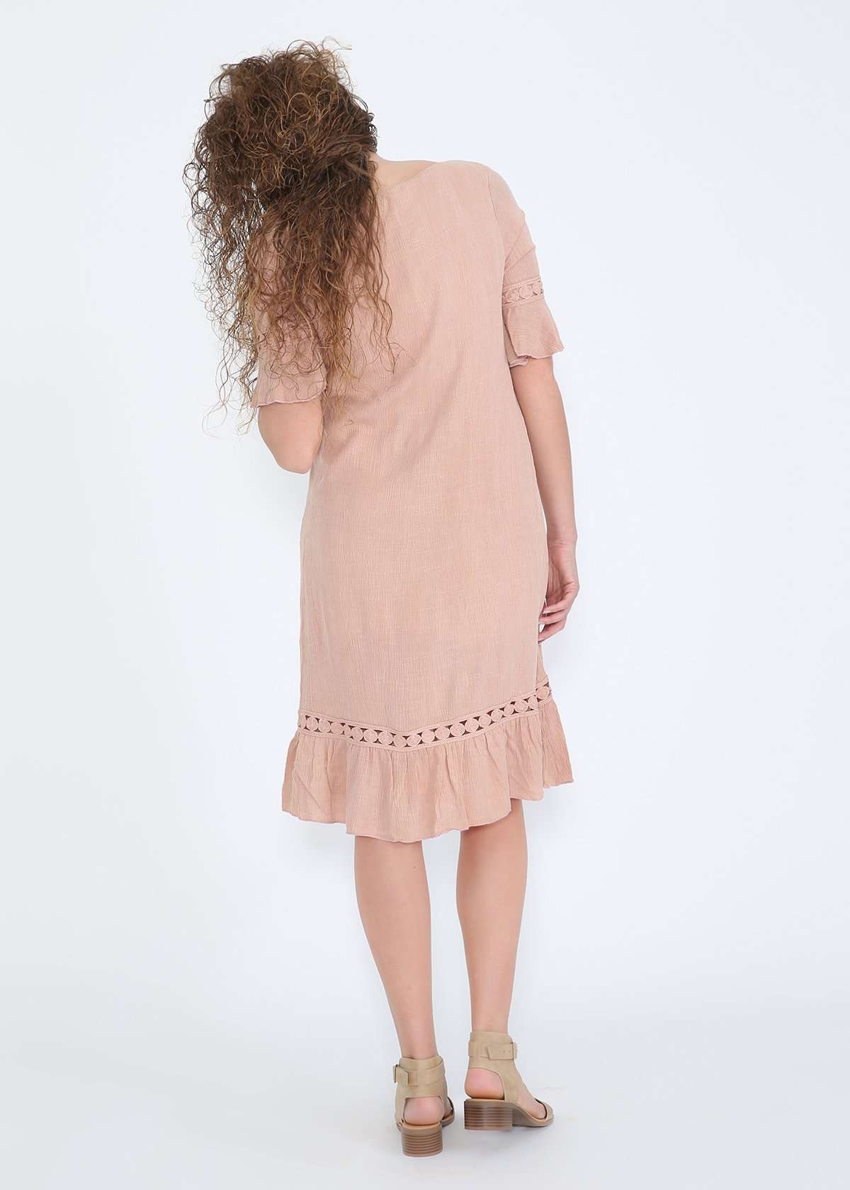 Blush crochet and ruffle detail midi dress