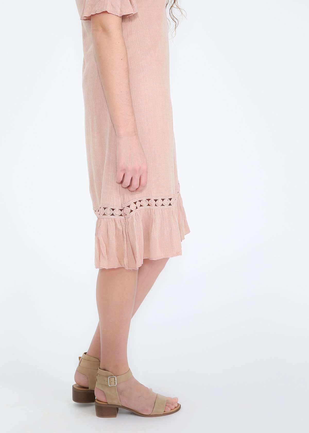 Blush crochet and ruffle detail midi dress