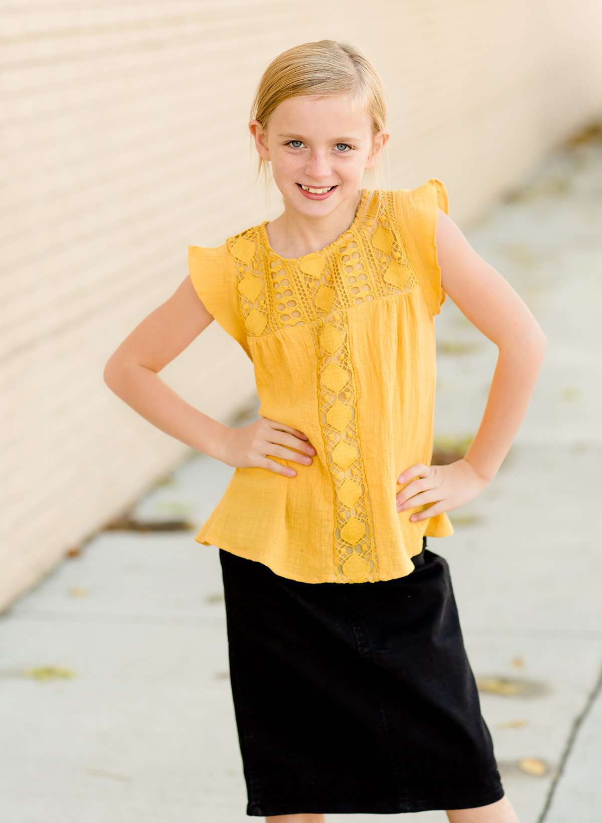 Modest Girls Mustard Crochet Knit Flutter Sleeve Shirt