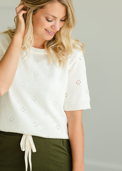 Crochet Print Ivory Short Sleeve Sweater - FINAL SALE Tops