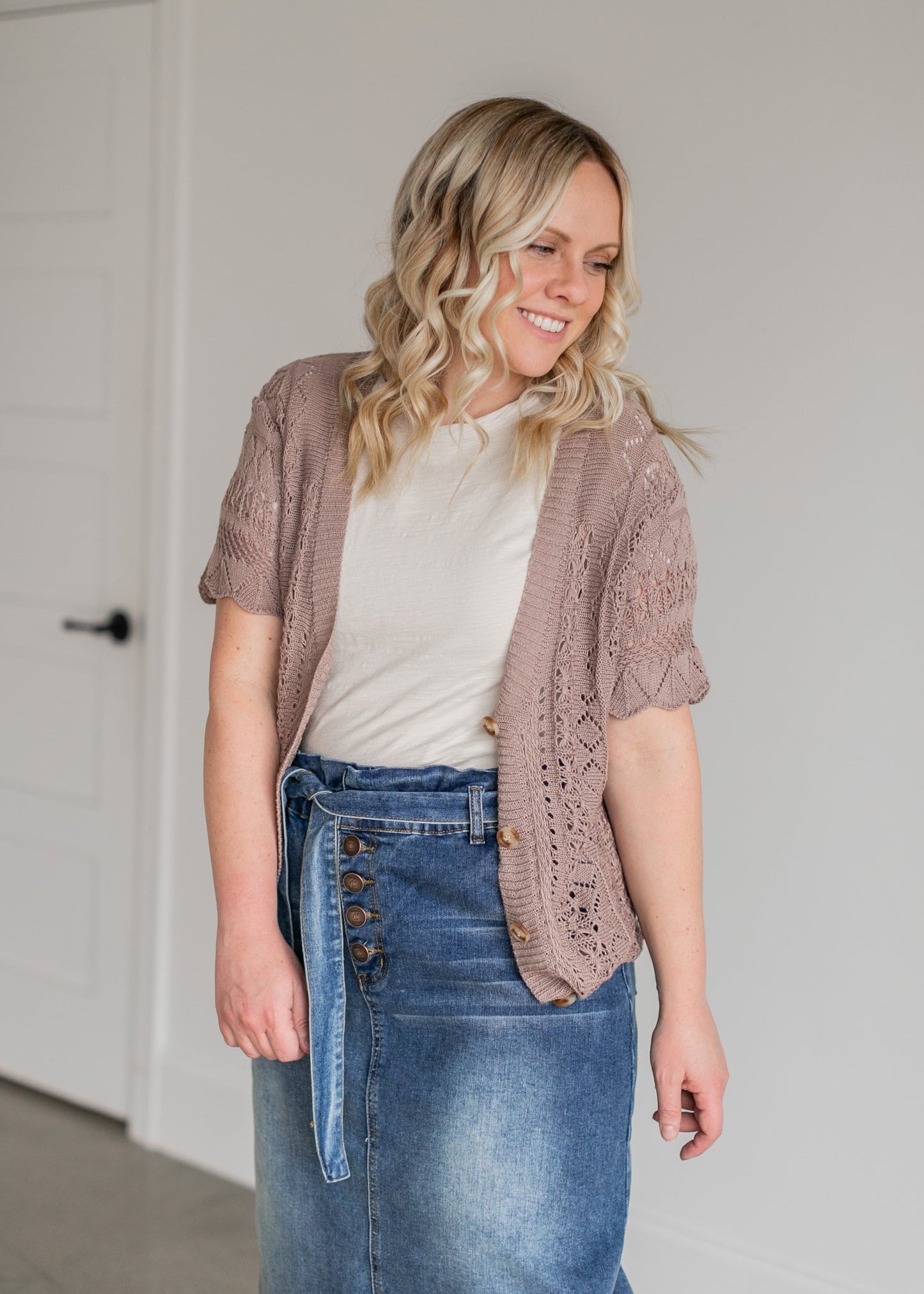 Crochet Scalloped Sleeve Button Down Cardigan Tops