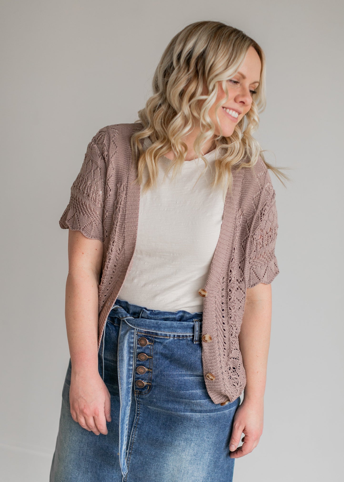 Crochet Scalloped Sleeve Button Down Cardigan Tops
