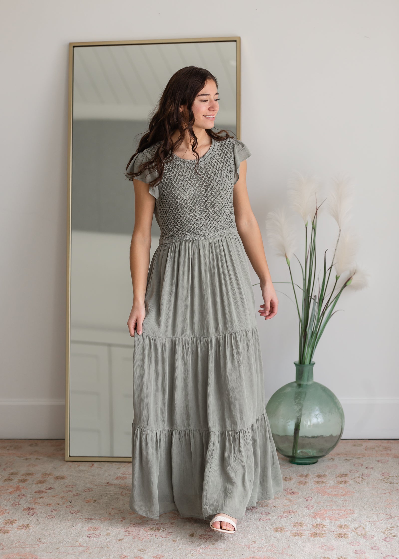 Crochet Tiered Layer Maxi Dress Dresses Tea N Rose Light Olive / S