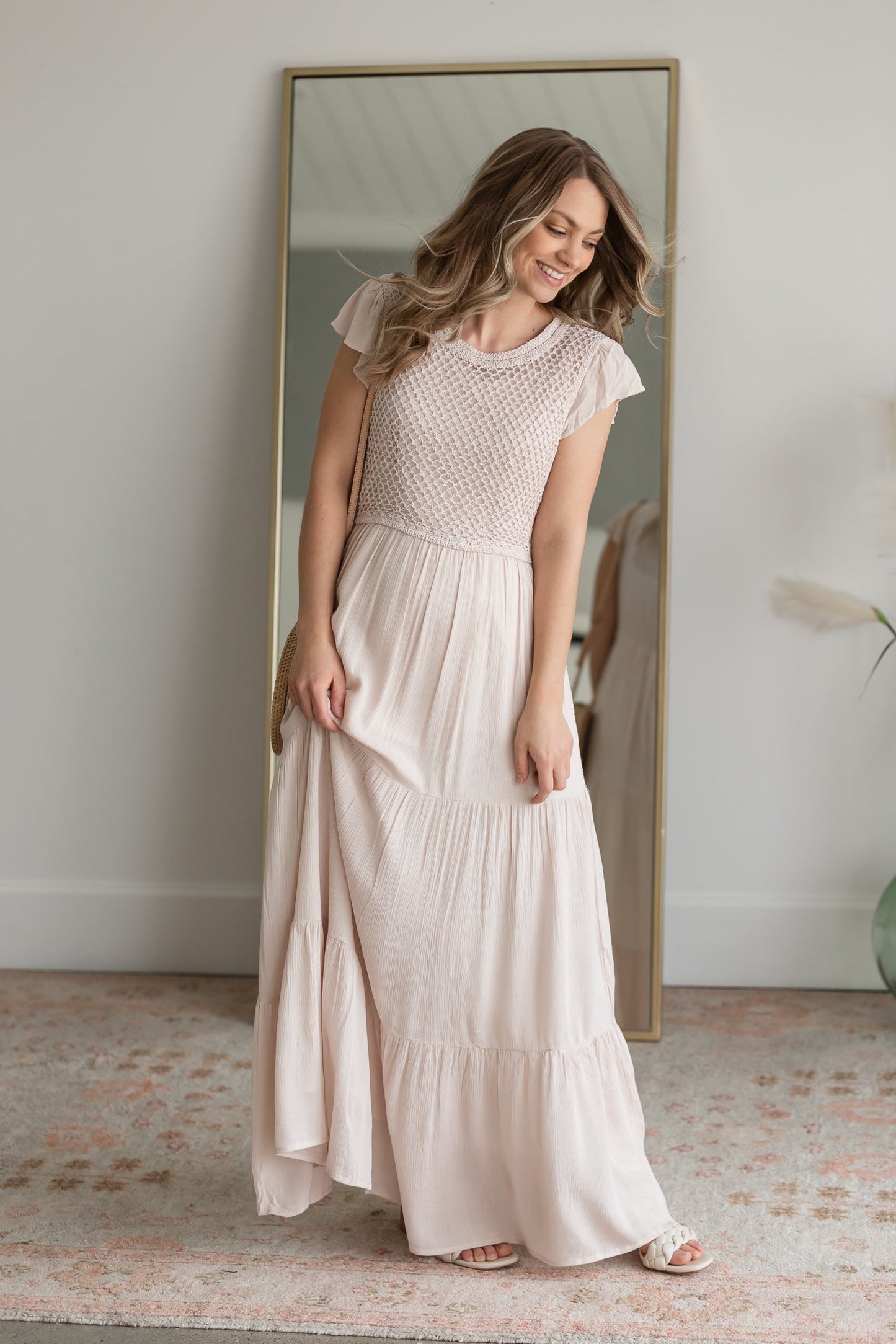 Crochet Tiered Layer Maxi Dress Dresses Tea N Rose Pink / S