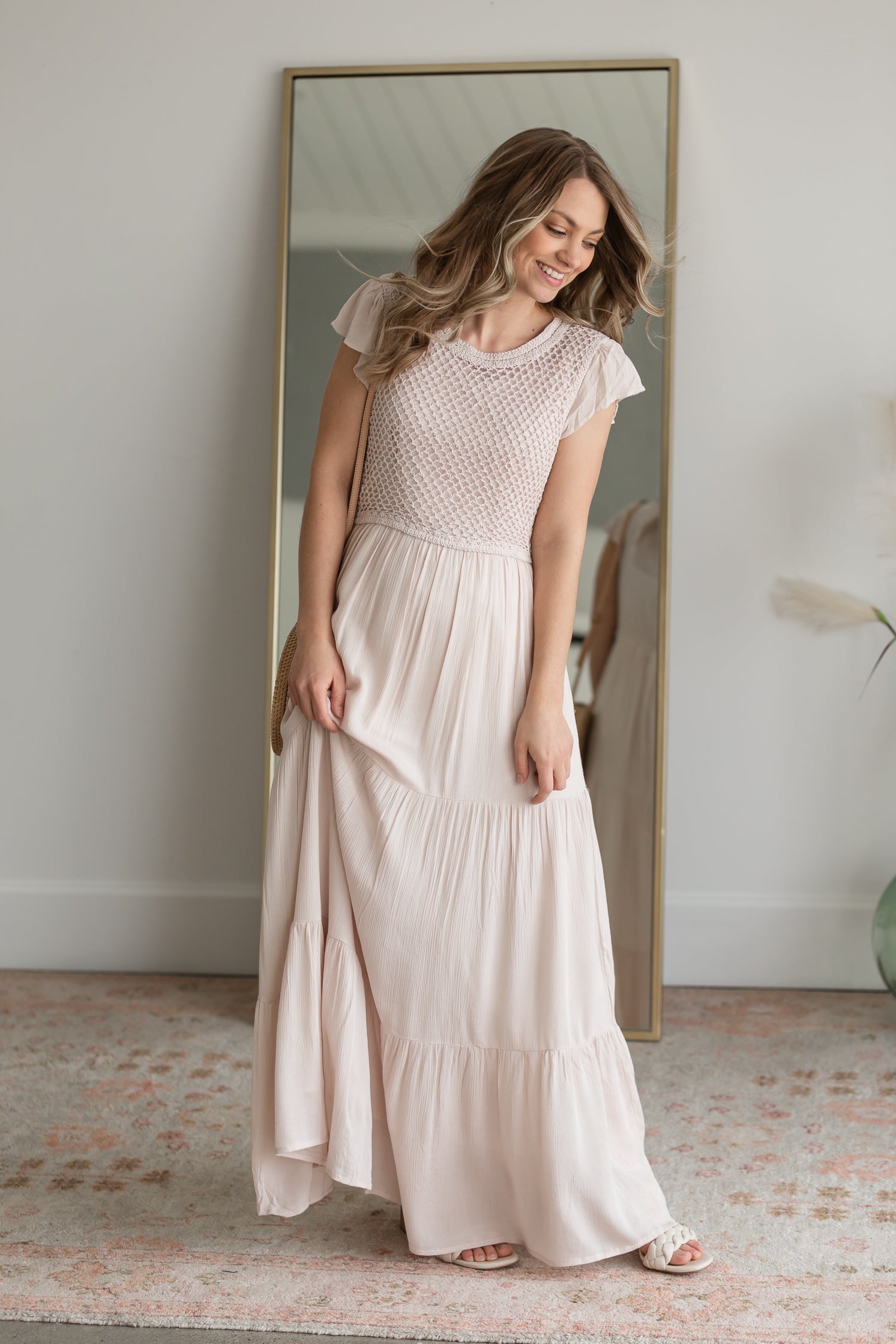 Crochet Tiered Layer Maxi Dress Dresses Tea N Rose Pink / S