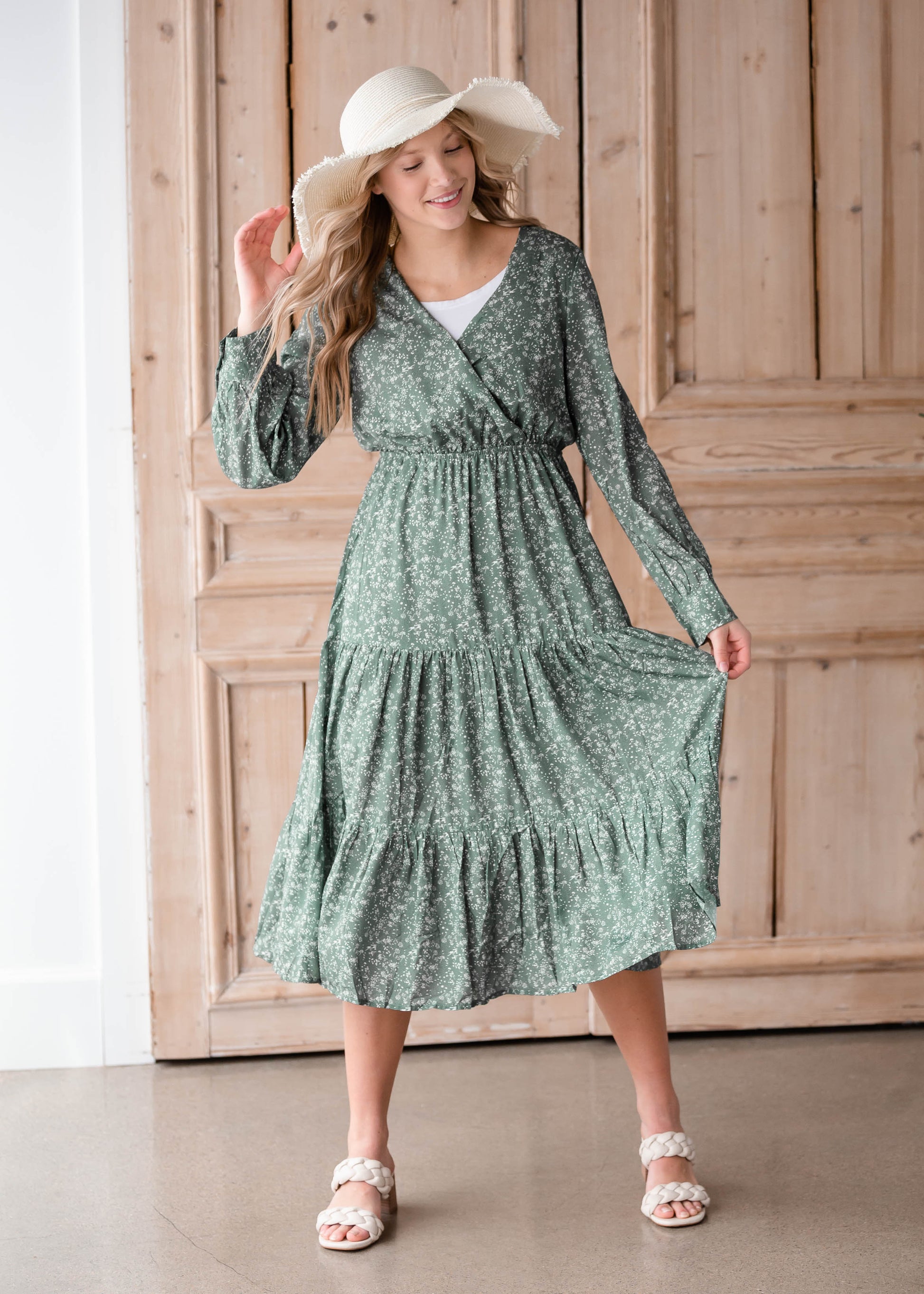 Cross Over Longsleeve Green Ditsy Print Dress Dresses Hayden