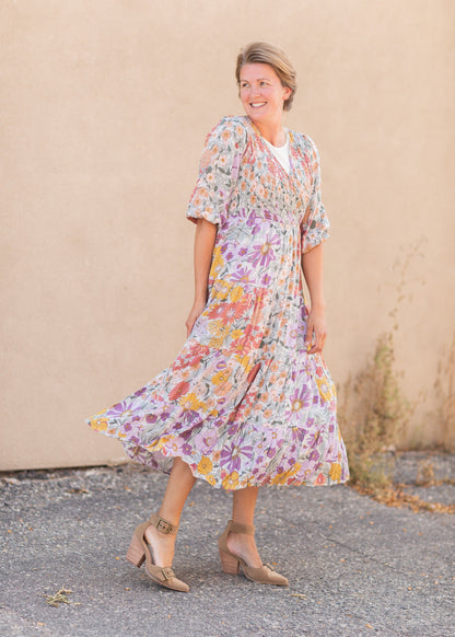 Crossover Smocked Bodice Floral Print Maxi Dress Dresses