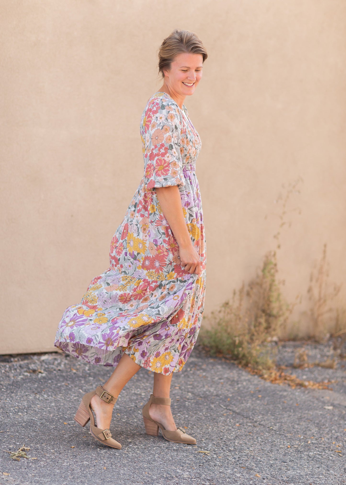 Crossover Smocked Bodice Floral Print Maxi Dress Dresses