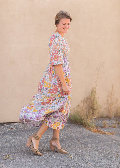 Crossover Smocked Bodice Floral Print Maxi Dress Dresses