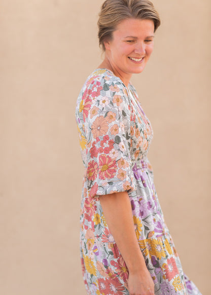 Crossover Smocked Bodice Floral Print Maxi Dress Dresses