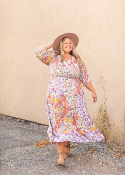 Crossover Smocked Bodice Floral Print Maxi Dress Dresses