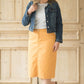 Dandelion colored denim skirt below the knee.
