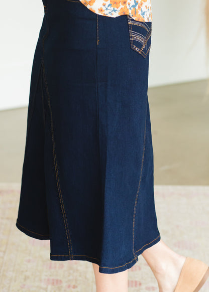Dark Denim A-Line Contrast Midi Skirt Skirts