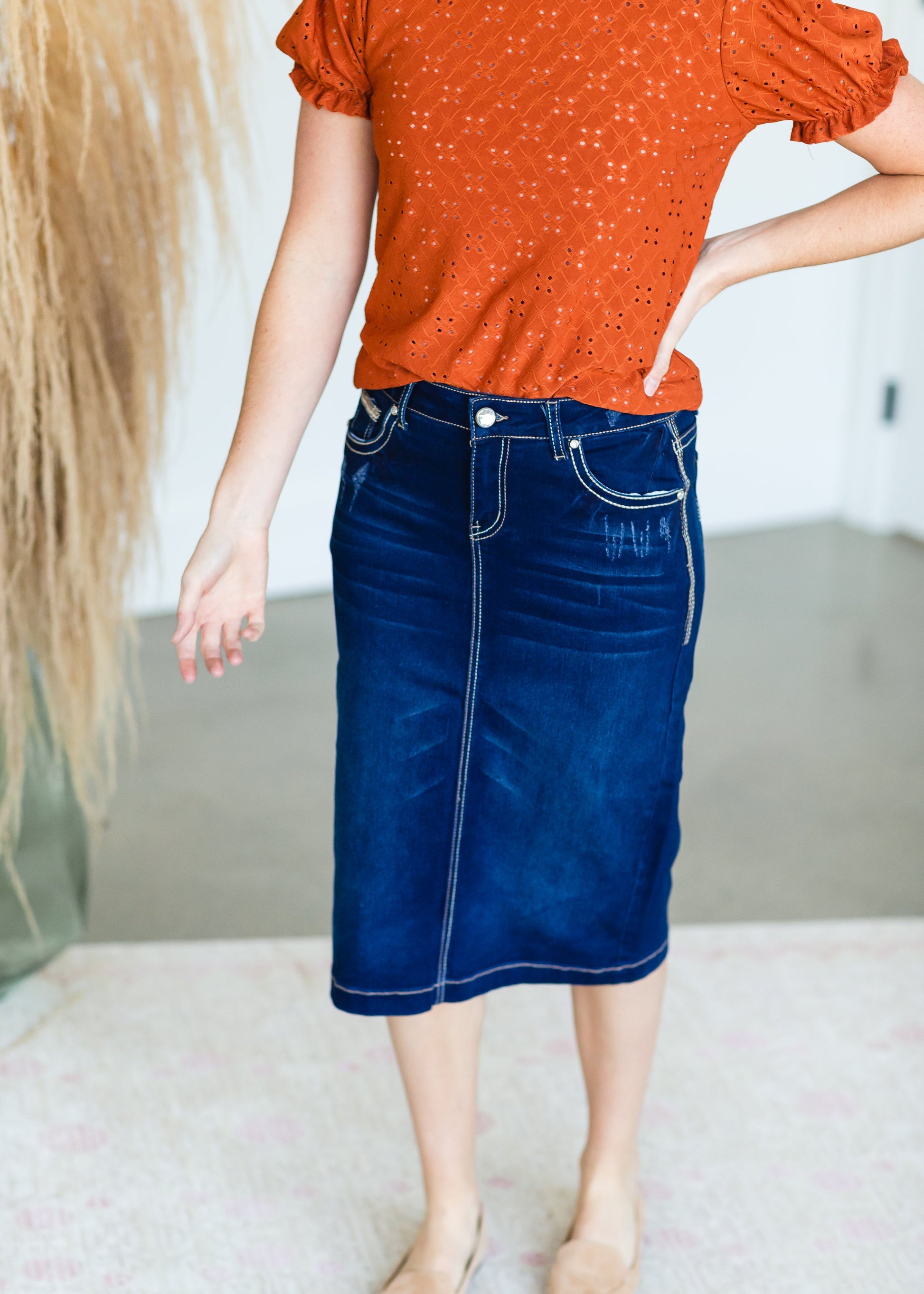 Dark Denim Stitched Midi Skirt - FINAL SALE Skirts
