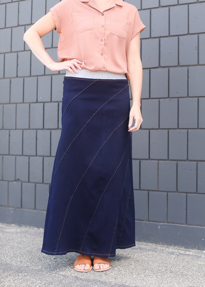 woman wearing a long aline no slit denim skirt