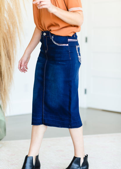 Dark Wash Raw Hem Midi Skirt - FINAL SALE Skirts
