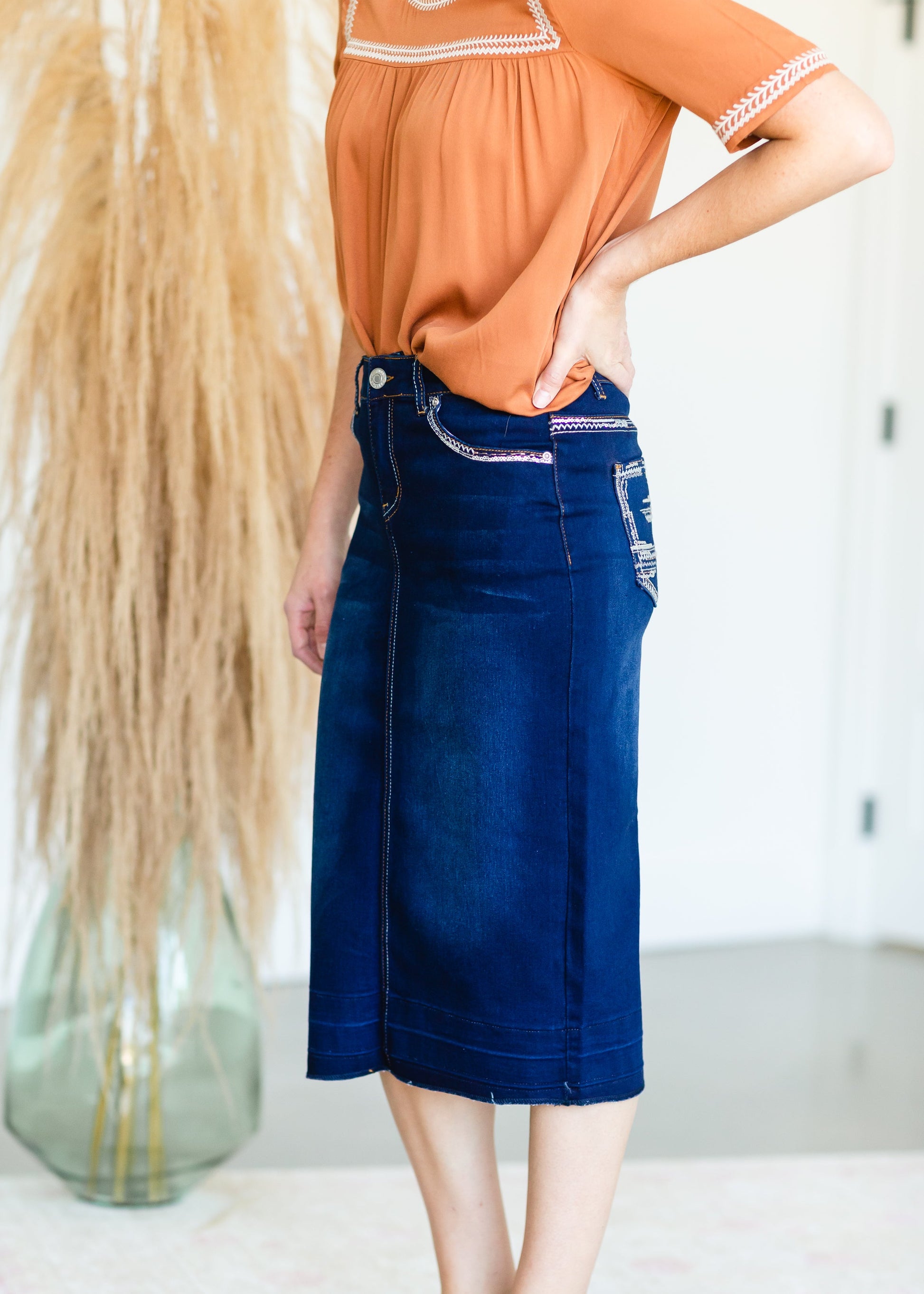 Dark Wash Raw Hem Midi Skirt - FINAL SALE Skirts