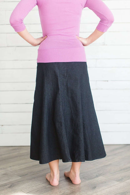 Ankle length flare black dye cotton side zip skirt.