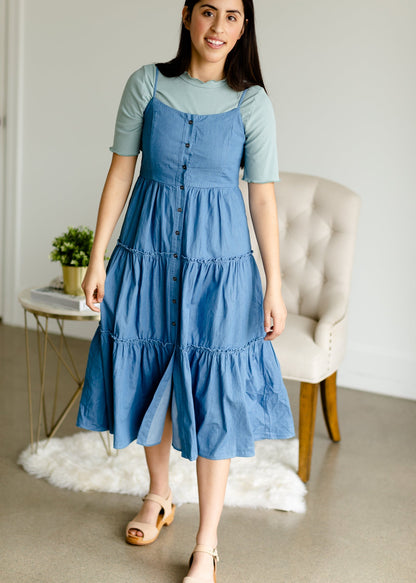 Denim Button Front Tiered Midi Dress - FINAL SALE Dresses