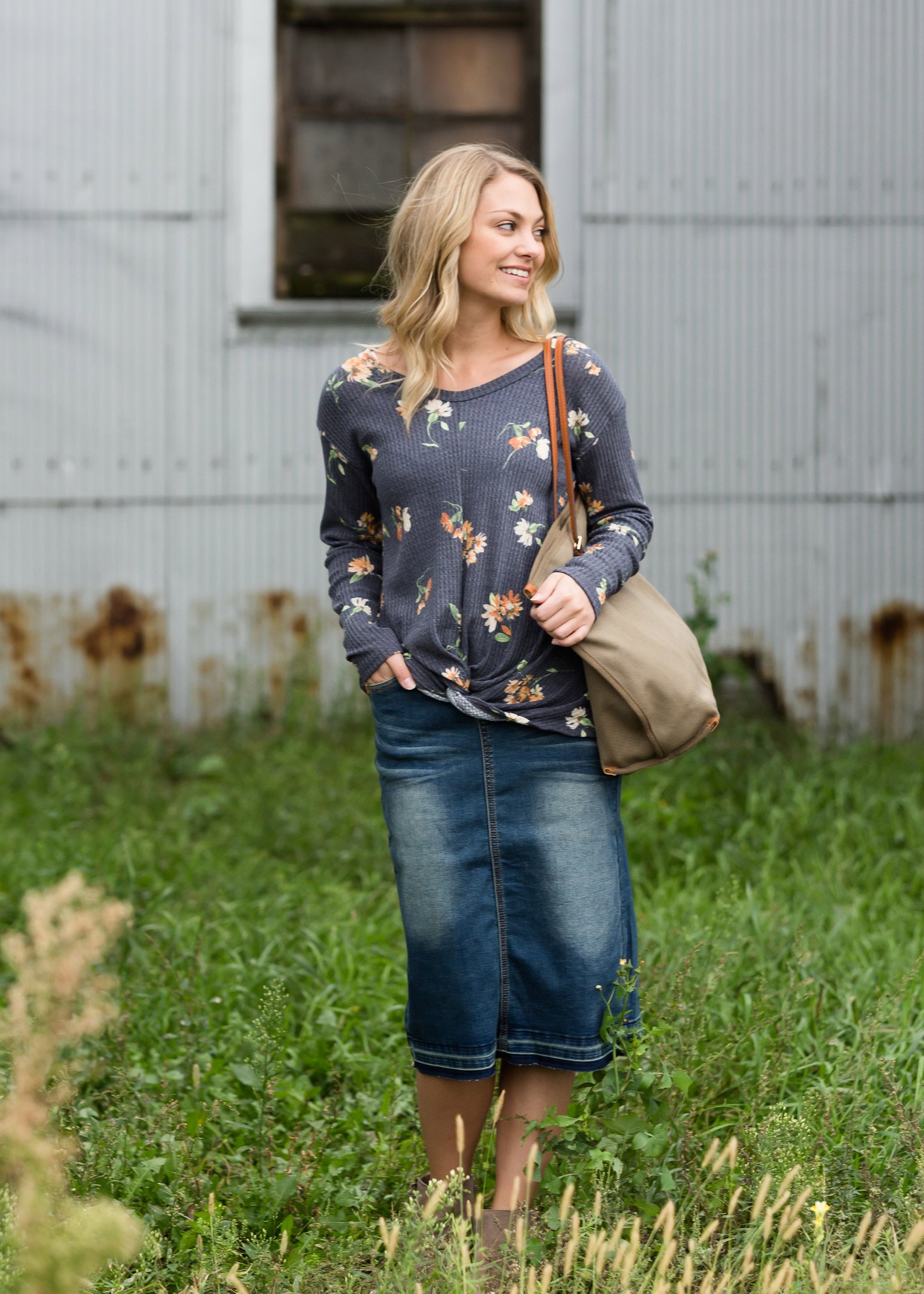 Denim Floral Print Top - FINAL SALE Tops