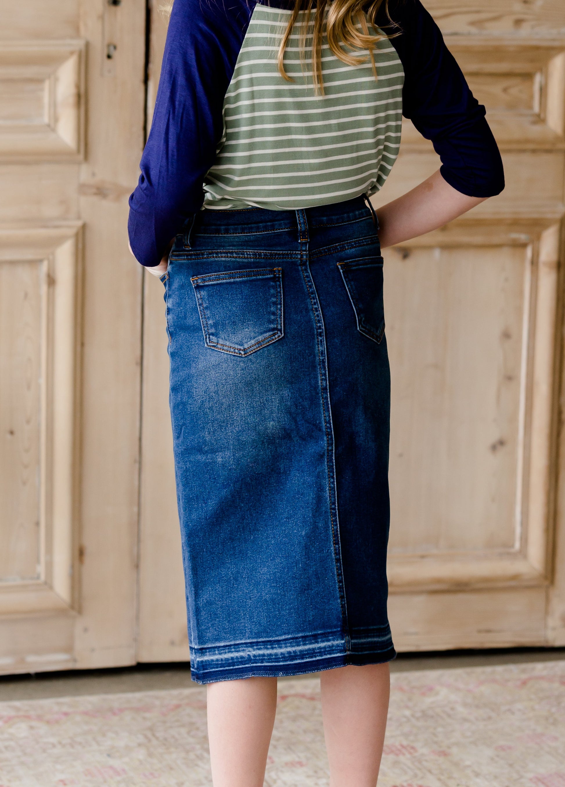 Denim Pencil Panel Jean Midi Skirt - FINAL SALE Skirts