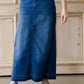 Modest long denim jean skirt with pocket details