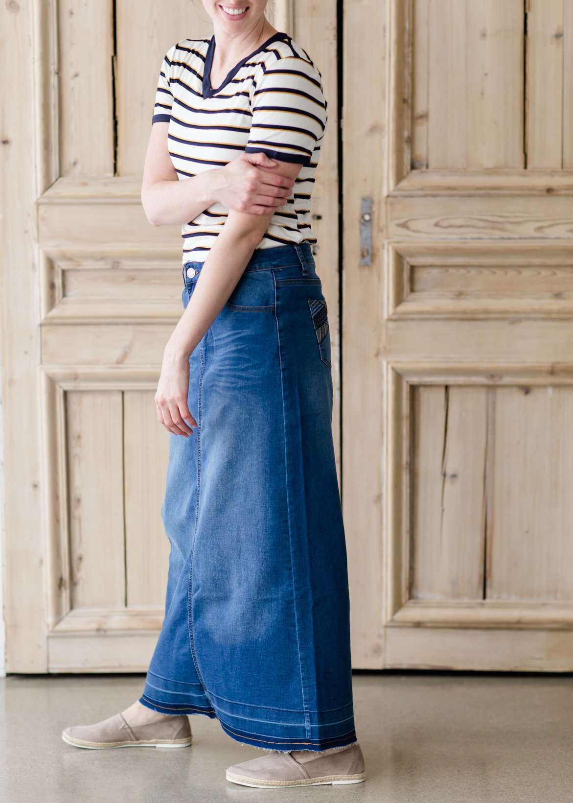 Modest long denim jean skirt with pocket details