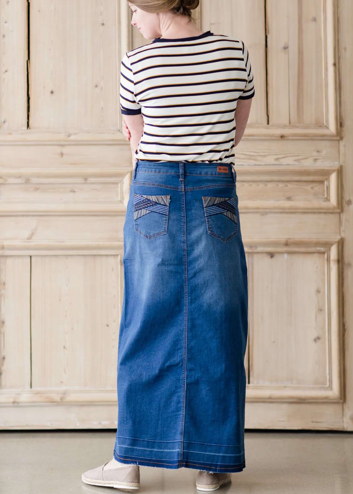 Modest long denim jean skirt with pocket details