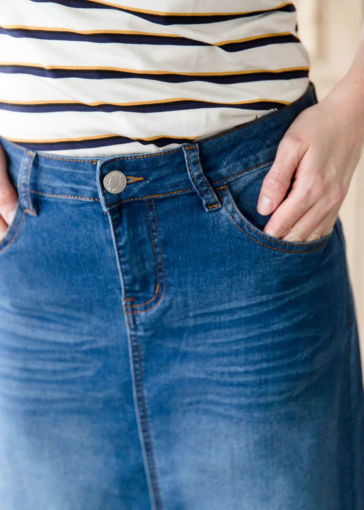 Modest long denim jean skirt with pocket details