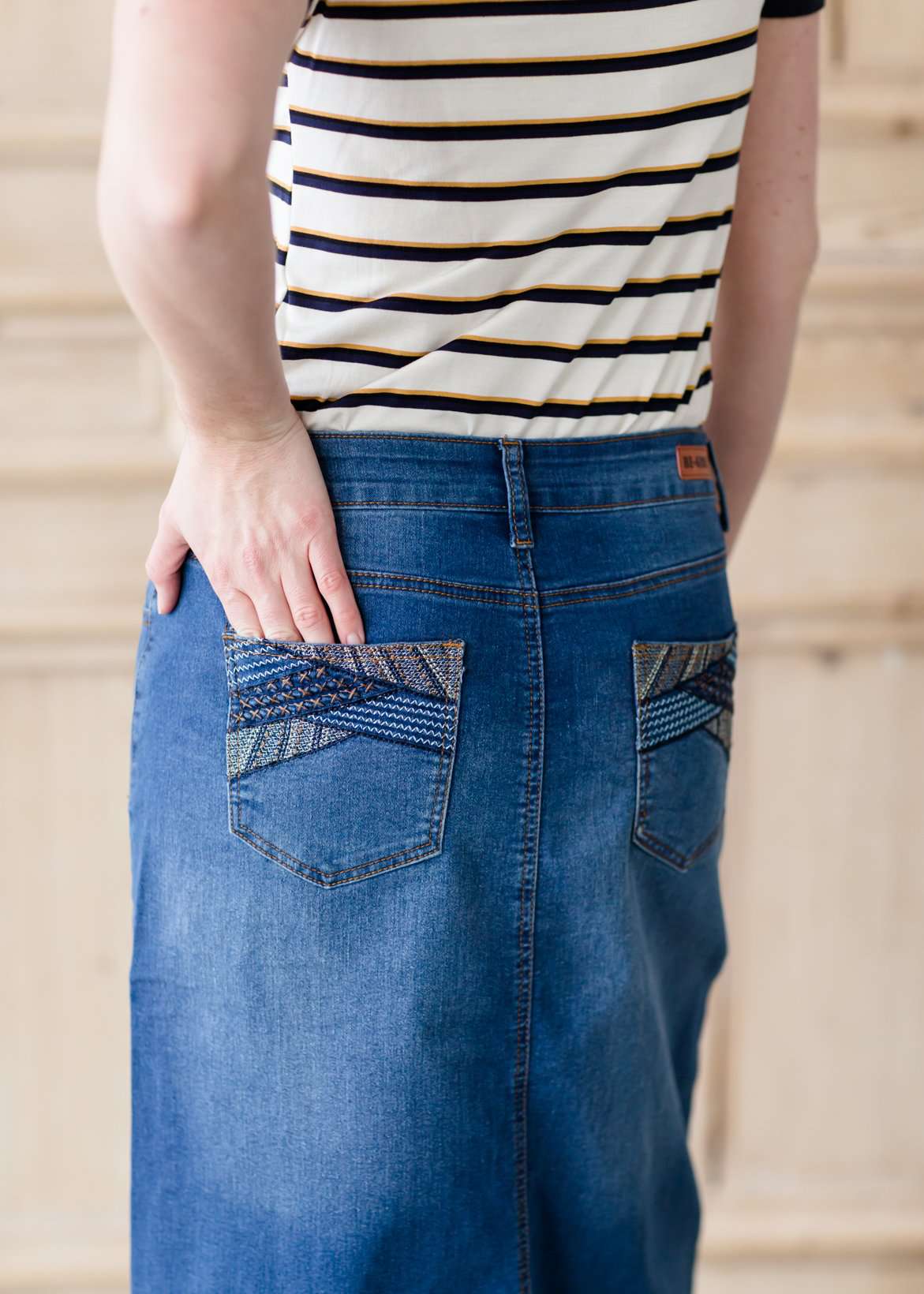Modest long denim jean skirt with pocket details