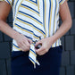 blue and yellow striped tie front top